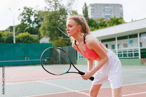 girl playing tennis on the court, tennis training, tennis tournament © st.kolesnikov
