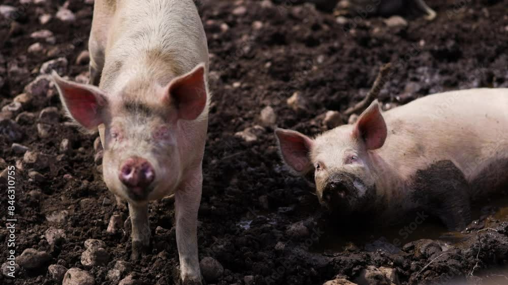 Two pink piglets playing in mud puddle Two pink piglets playing in mud puddle