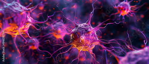 A bunch of purple and orange neurons are shown in a dark background. The neurons are glowing and appear to be connected to each other. Concept of complexity and interconnectedness
