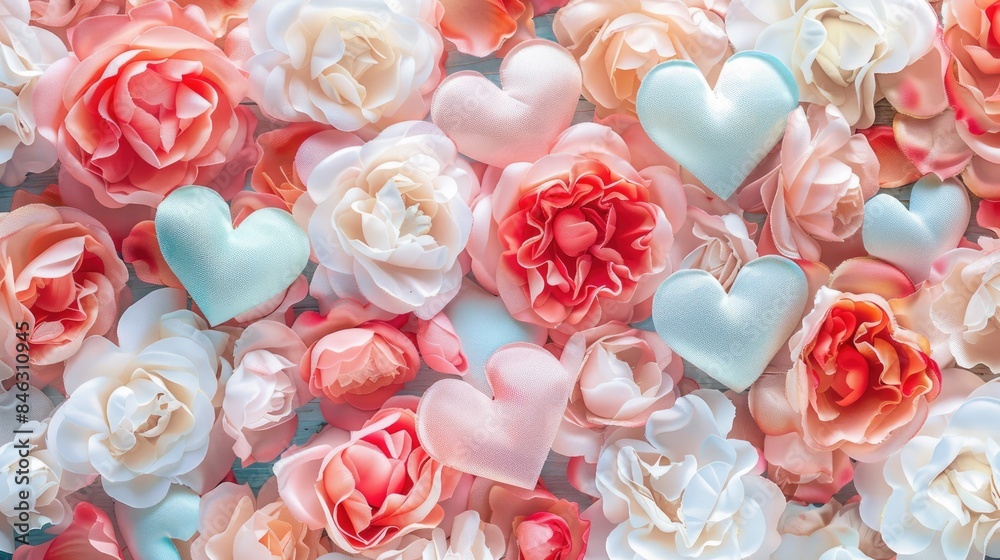 Hearts Collage on a Background of Blooming Summer Roses Delicate and Gentle Card