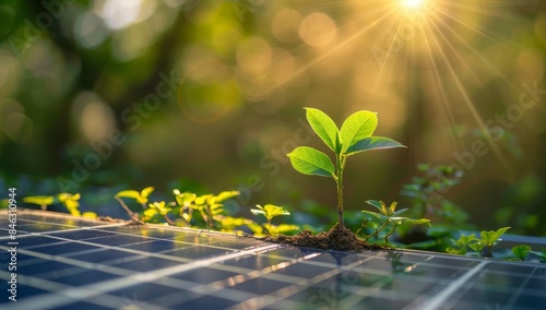 A plant thrives on a sunlit solar panel, bridging nature and technology for mutual benefits. This symbolizes sustainability, ecological balance, and a harmonious, ecofriendly environment