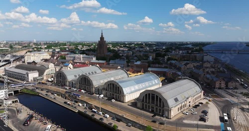 Drone Orbits Above Riga Central Market in Latvian Capital City in Summer