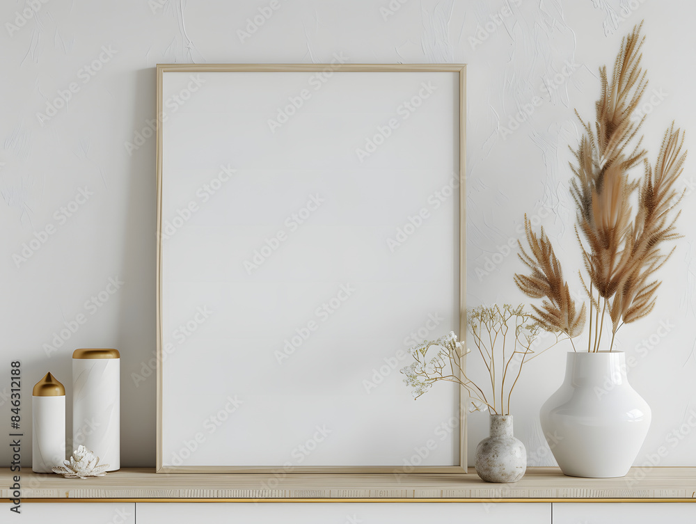 Empty mock-up poster frame on wooden shelf Empty mock-up poster frame on wooden shelf
