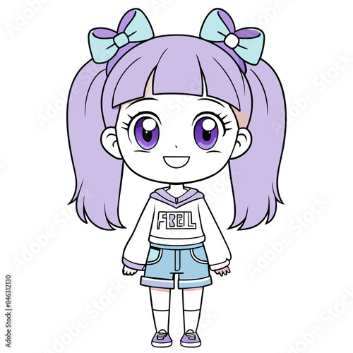 playful anime girl vector art with violet braids, accessorized with colorful bows, wearing a casual outfit including a hoodie and a heart-decorated denim vest, exuding a cheerful and lively energy