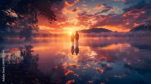 Serene Lakeside Moment Couple s Silhouettes Mirrored in Tranquil Waters Under Pastel Sunset Sky