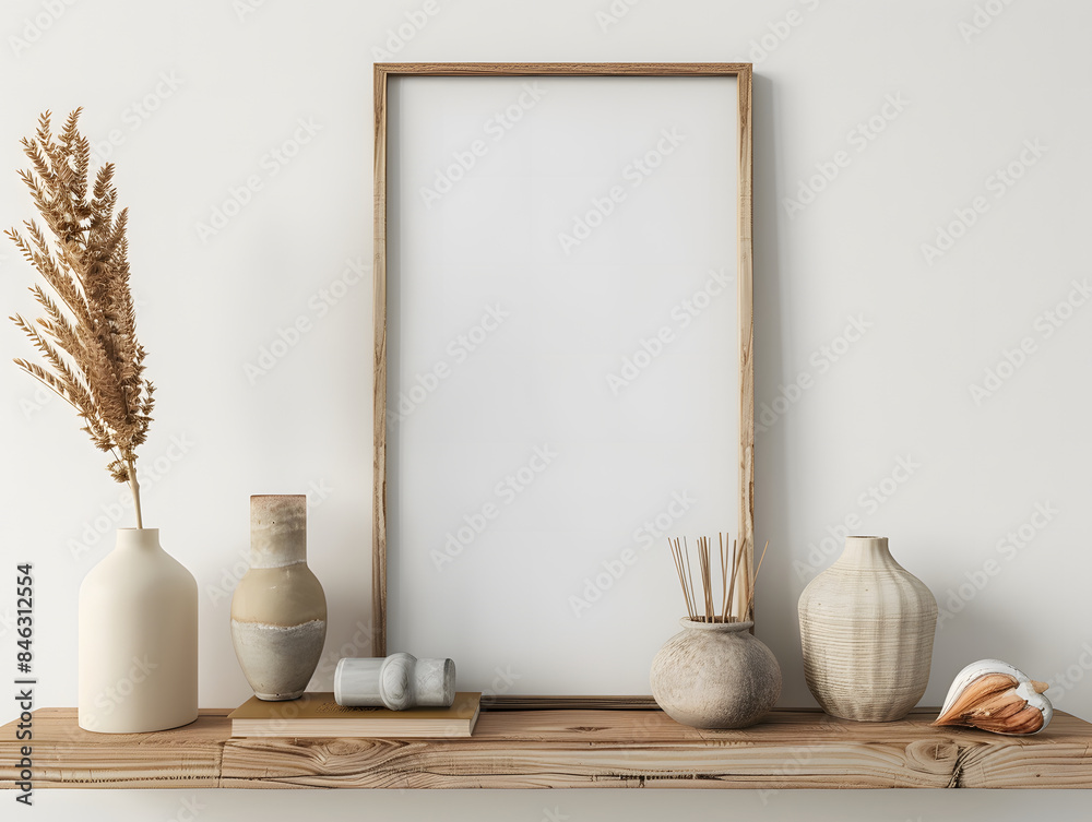 Empty mock-up poster frame on wooden shelf Empty mock-up poster frame on wooden shelf