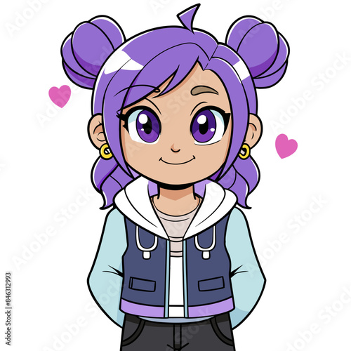 playful anime girl vector art with violet braids, accessorized with colorful bows, wearing a casual outfit including a hoodie and a heart-decorated denim vest, exuding a cheerful and lively energy