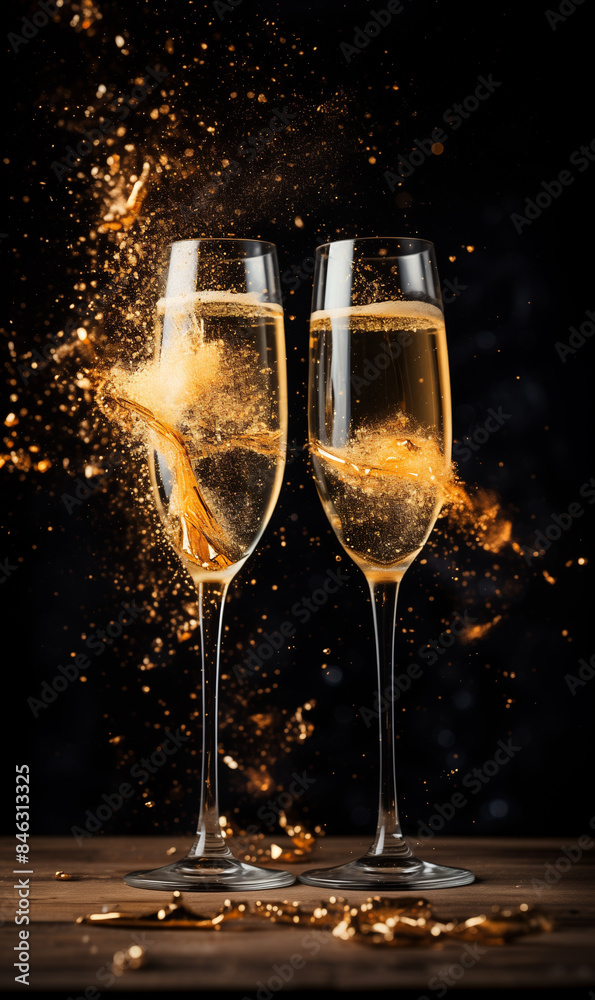 Glasses of champagne on dark background with bokeh effect and copy space Glasses of champagne on dark background with bokeh effect and copy space
