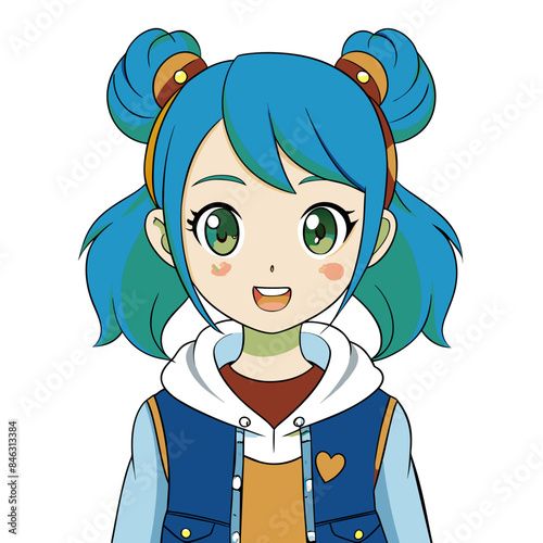 playful anime girl vector art with violet braids, accessorized with colorful bows, wearing a casual outfit including a hoodie and a heart-decorated denim vest, exuding a cheerful and lively energy