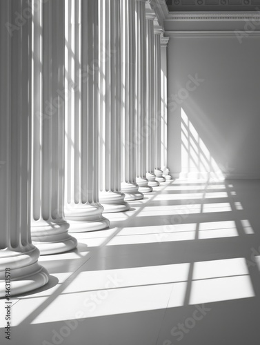 The image is a white and black photo of a long hallway with columns