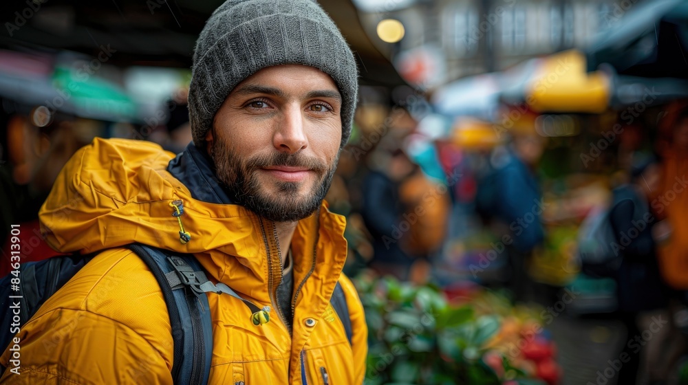 An Adventurous Salesperson At A Travel Fair, Passionately Promoting Exotic, Dream Destinations An Adventurous Salesperson At A Travel Fair, Passionately Promoting Exotic, Dream Destinations