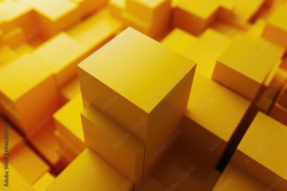 A yellow cube is the only one in a stack of yellow cubes A yellow cube is the only one in a stack of yellow cubes
