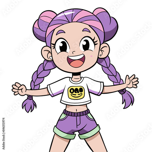 playful anime girl vector art with violet braids, accessorized with colorful bows, wearing a casual outfit including a hoodie and a heart-decorated denim vest, exuding a cheerful and lively energy