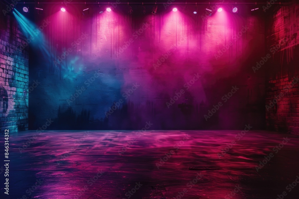 Naklejka premium A large, empty room with purple and blue lights