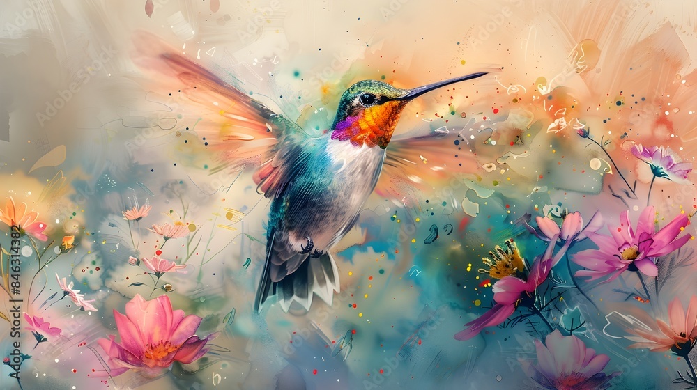 Vibrant Hummingbird in Bloom Iridescent Feathers Captured in Ethereal Watercolor Vibrant Hummingbird in Bloom Iridescent Feathers Captured in Ethereal Watercolor