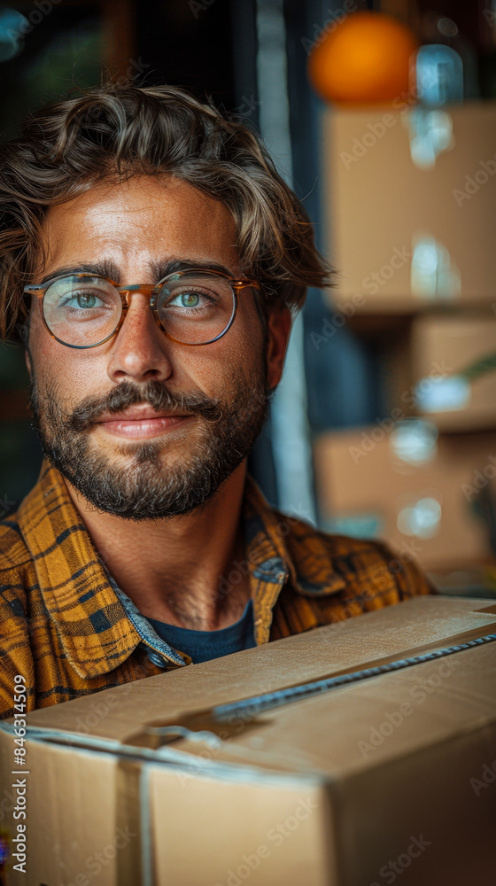 Young man with glasses unpacking boxes while moving into new house, smiling and excited, daytime interior with rustic decor, sense of accomplishment and new beginnings Young man with glasses unpacking boxes while moving into new house, smiling and excited, daytime interior with rustic decor, sense of accomplishment and new beginnings