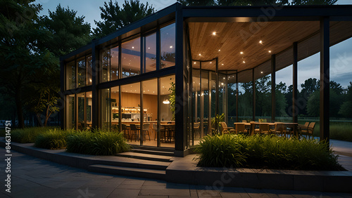 Modern cafe building with expansive glass windows, illuminated by evening lights, nestled amidst lush greenery, epitomizing contemporary architectural elegance.