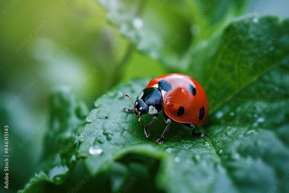Ladybug, red with black dots green plant leaf. A beautiful brightly colored insect crawling on a bush leaf on a sunny day. Ladybug, red with black dots green plant leaf. A beautiful brightly colored insect crawling on a bush leaf on a sunny day.