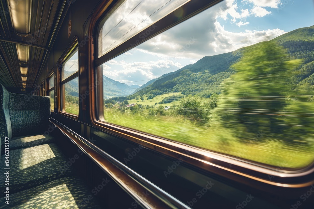 A view from the window of a rushing intercity train on green fields and mountains flying by. Traveling in an old deserted train carriage on a summer day. A view from the window of a rushing intercity train on green fields and mountains flying by. Traveling in an old deserted train carriage on a summer day.