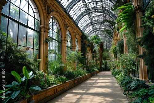 Glass roof garden  lots of windows and air. Exquisite antique interior  arched architecture  lots of green ornamental plants.