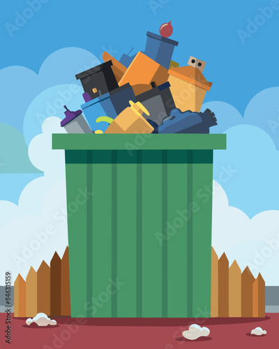 The garbage piled high above the edge of the dumpster creating an eyesore for the neighborhood.. Vector illustration