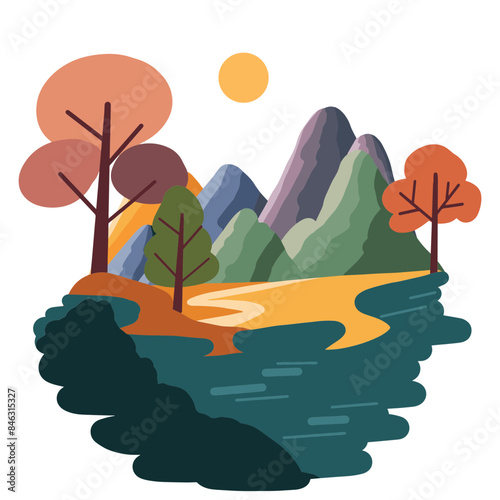 Landscape illustration with lake mountain and tree in natural color pallette