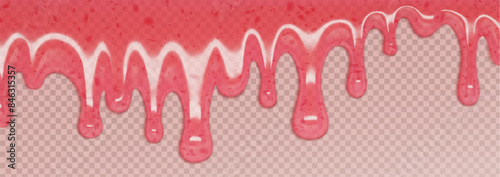 Liquid pink berry jam or sweet syrup drip border on transparent background. Realistic vector illustration of melted fruit dessert sauce decoration. Smooth pouring flow strawberry jelly juice.