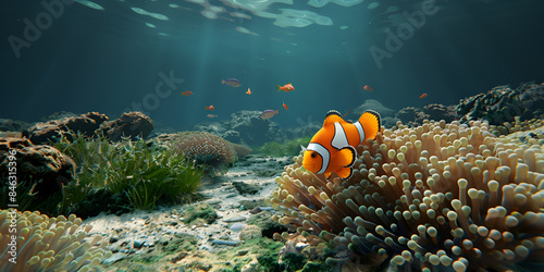Underwater world with tropical fish and corals Clownfish and damselfish swim among the beautiful and colorful coral reef
 photo