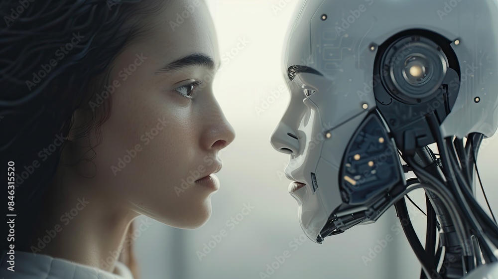 Fototapeta premium Human and robot in close encounter symbolizing future of AI-human relationships technology connection