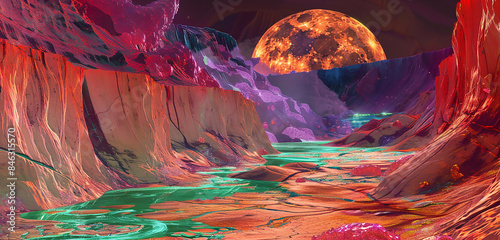 Opal moonlight illuminates scarlet cliffs above neon lavender valleys threaded by emerald rivers. photo