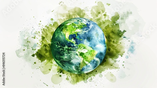 Green planet earth in watercolor painting style for earth day celebration