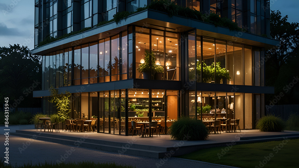 Modern cafe building with expansive glass windows, illuminated by evening lights, nestled amidst lush greenery, epitomizing contemporary architectural elegance.