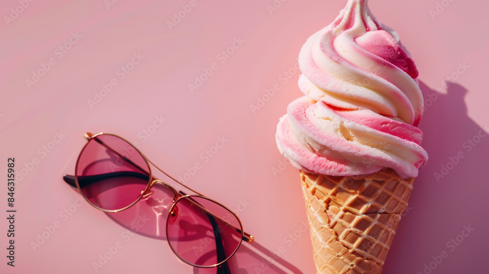 sun glasses and sweet ice cream cone, summer leisure and travel poster sun glasses and sweet ice cream cone, summer leisure and travel poster