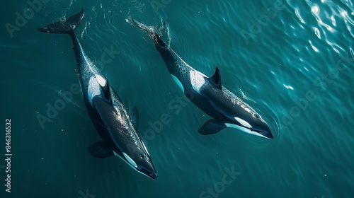 A high-angle view of Orcas swimming gracefully in Canadian waters, capturing the essence of marine wildlife and the thrill of whale watching photo