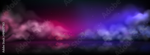 Pink and purple smoke clouds on dark background for vs design. Realistic 3d vector illustration of red and blue heavy fog for boxing or mma versus concept. haze or smog for sport showdown banner.