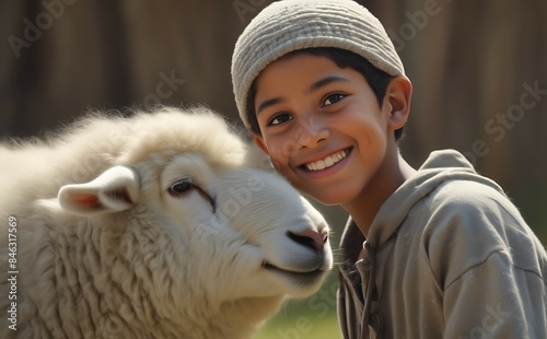 young boy smiling and standing next to a sheep.