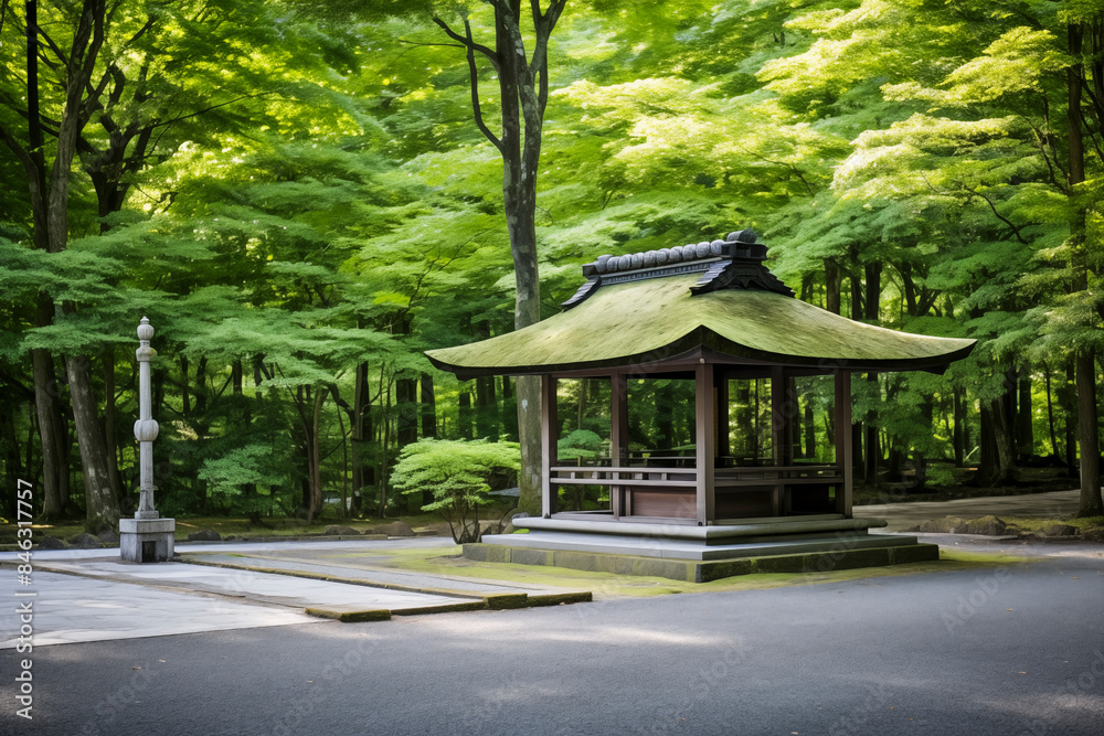 A Japanese Shinto shrine in a serene secluded woodland area A Japanese Shinto shrine in a serene secluded woodland area