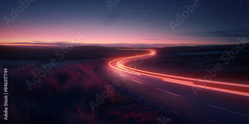 "Winding Road with Light Trails at Twilight"   "Serene Dusk with Illuminated Path"  © Faseeh