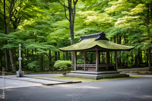 A Japanese Shinto shrine in a serene secluded woodland area