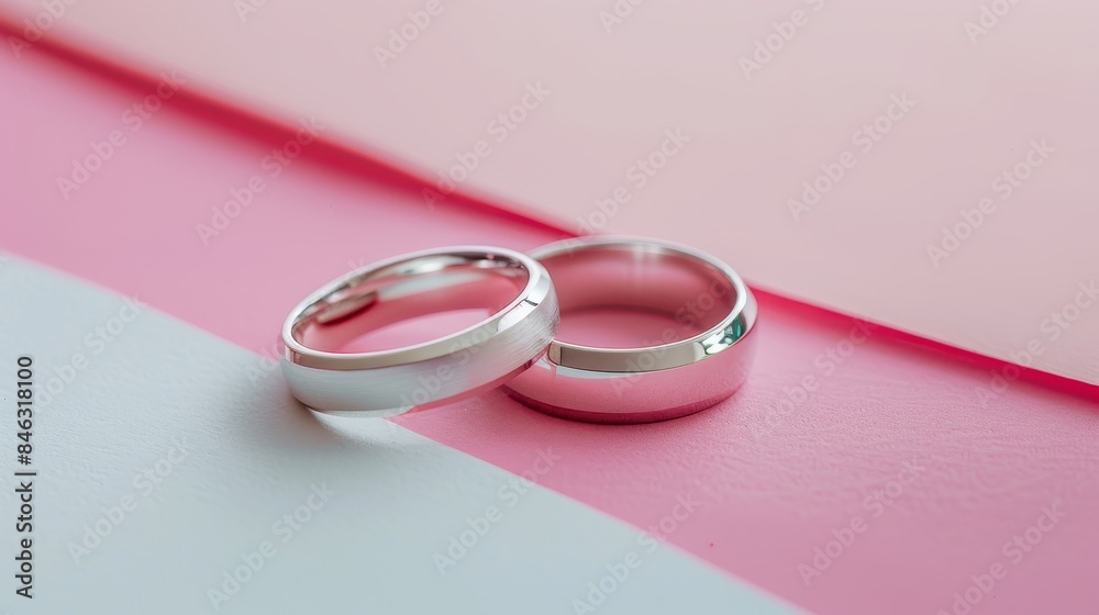 Close-up macro shot of exquisite white gold wedding rings, on a minimalist white and pink background, showcasing fine craftsmanship Close-up macro shot of exquisite white gold wedding rings, on a minimalist white and pink background, showcasing fine craftsmanship