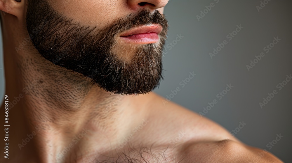 Obraz premium Close-up of chest hair removal, showcasing smooth results, studio lighting, isolated background, professional treatment advertisement