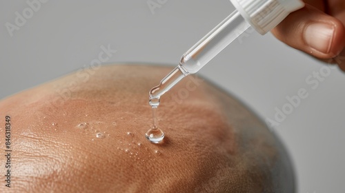 Detailed close-up of a dropper administering vitamin serum on a bald head, clean isolated background, perfect studio lighting for advertising photo