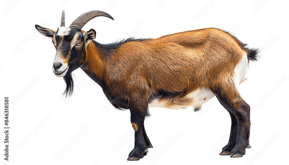 Obraz premium A brown goat with horns, standing, isolated on transparent background cutout. Perfect for rural, farm, animal, and livestock-themed projects