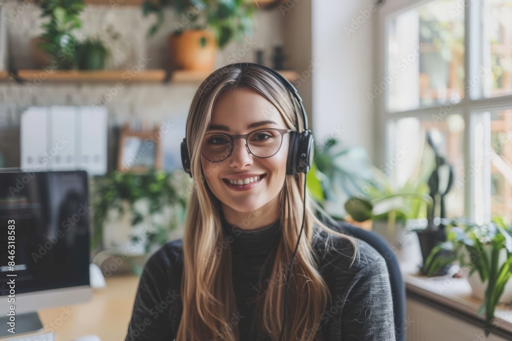 custom made wallpaper toronto digitalSmiling Female Customer Service Representative Headset Home Office Professional Helpdesk Support Agent Plants