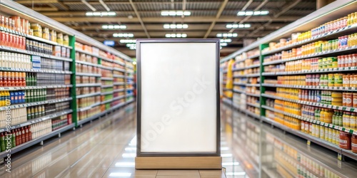 End Cap Display Mockup Blur: A blurred background of an end cap display in a supermarket with a blank advertising mockup, ideal for highlighting featured products.  © No