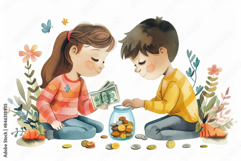 An adorable illustration that shows two cute cartoon female children's generousness by sharing some dessert in a candy jar with each other happily. An adorable illustration that shows two cute cartoon female children's generousness by sharing some dessert in a candy jar with each other happily.