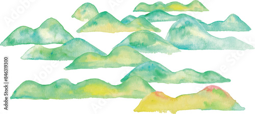 水彩画。水彩タッチで描いた山のイラスト。水彩の山々。手描きの自然背景。夏の森林風景。Watercolor painting. Illustration of mountains with watercolor touch. Mountains in watercolor. Hand painted nature background. Forest landscape in summer.
