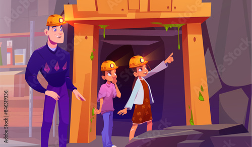 Father and kids exploring dungeon together. Vector cartoon illustration of dad and children enjoying exploration game in mountain mine with sticky slime on wall, wearing helmets with lamps, family fun © klyaksun