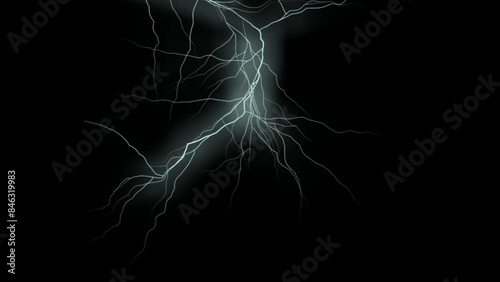 Motion of Abstract thunder and electric lightning streaks across a dark night sky with wispy smoke trail