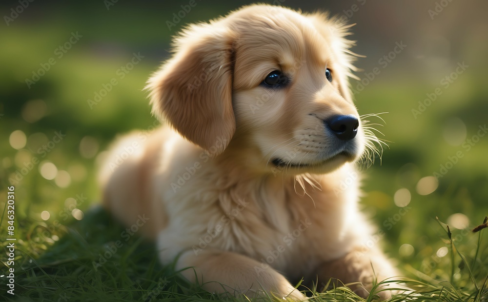 A cute golden retriever puppy is lying in the green grass. A cute golden retriever puppy is lying in the green grass.